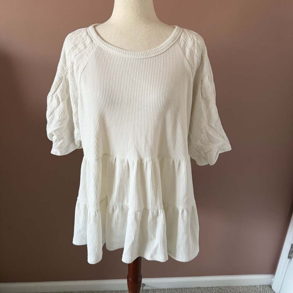 Peach Love California White Thermal Waffle Knit Tiered Babydoll Top - Picture 1 of 4